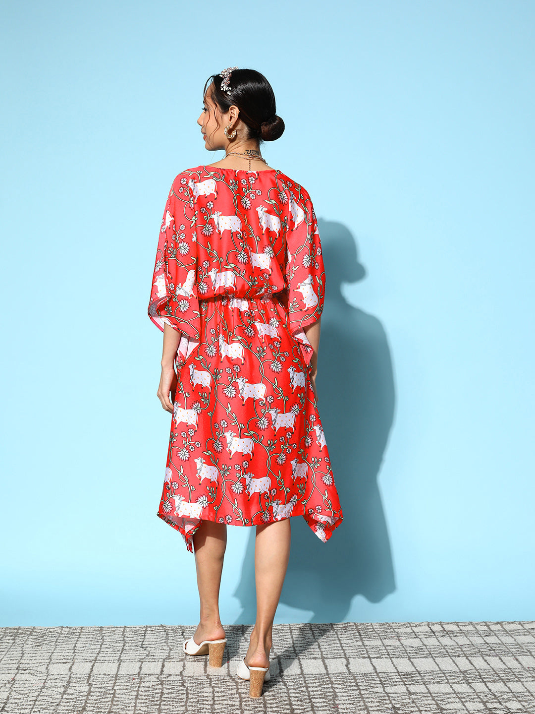 InWeave Women's Bright Pink Indian Bull Print Kaftan 