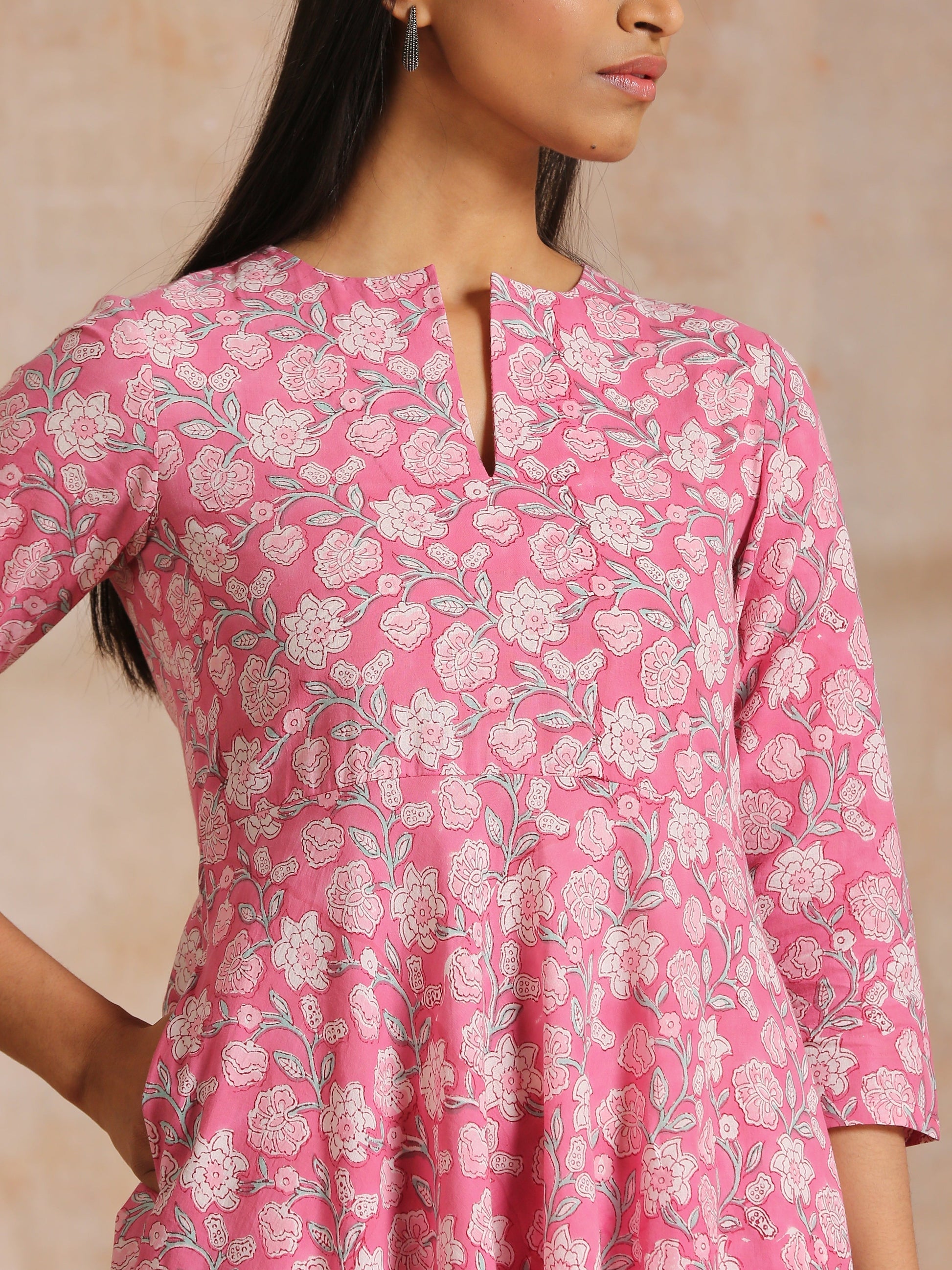 trueBrowns Pink Overall Floral Block Print Cotton Flared Kurta Pant Set 