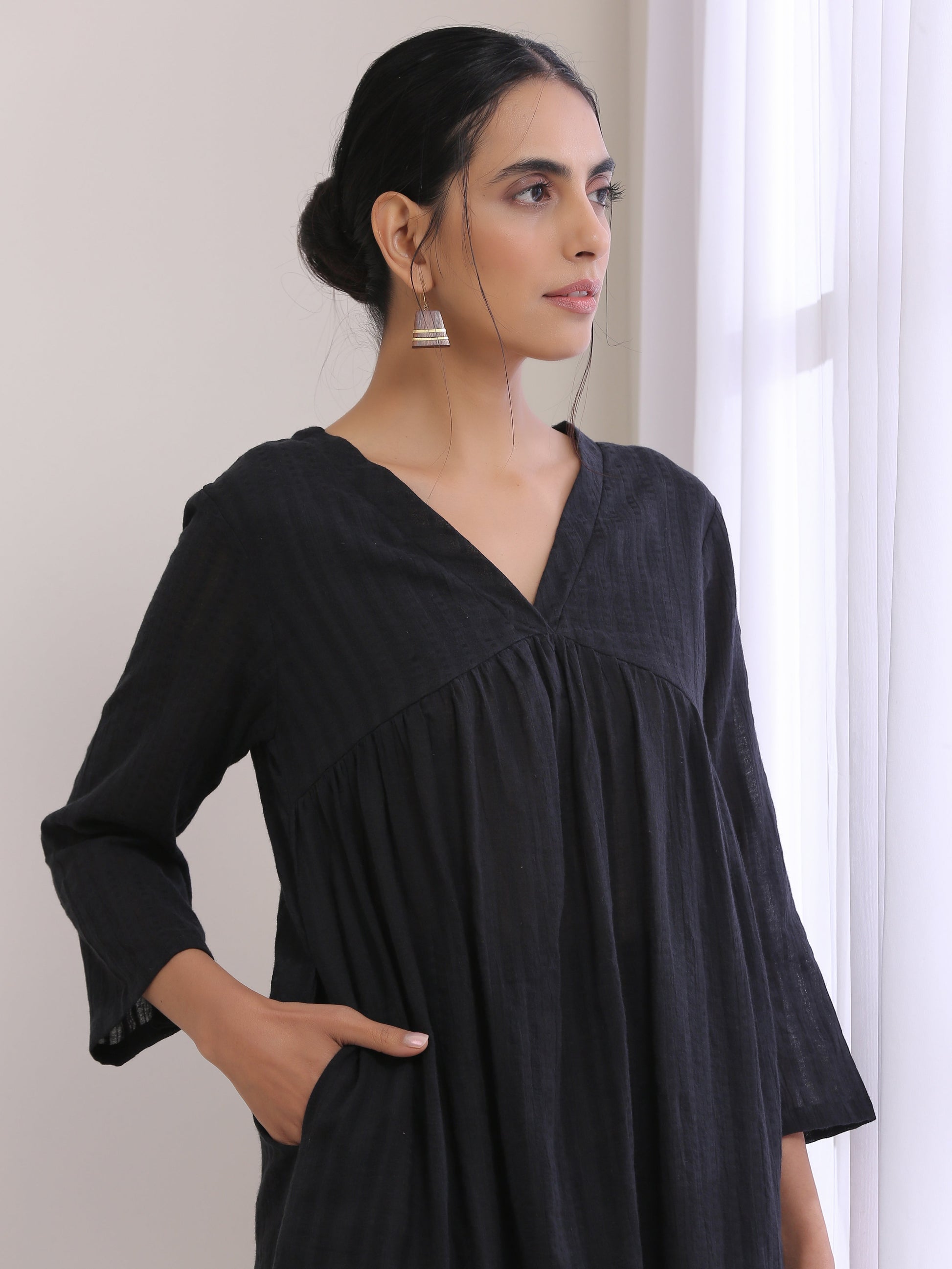 trueBrowns Black Dobby Flared Slit Kurta Pant Set 