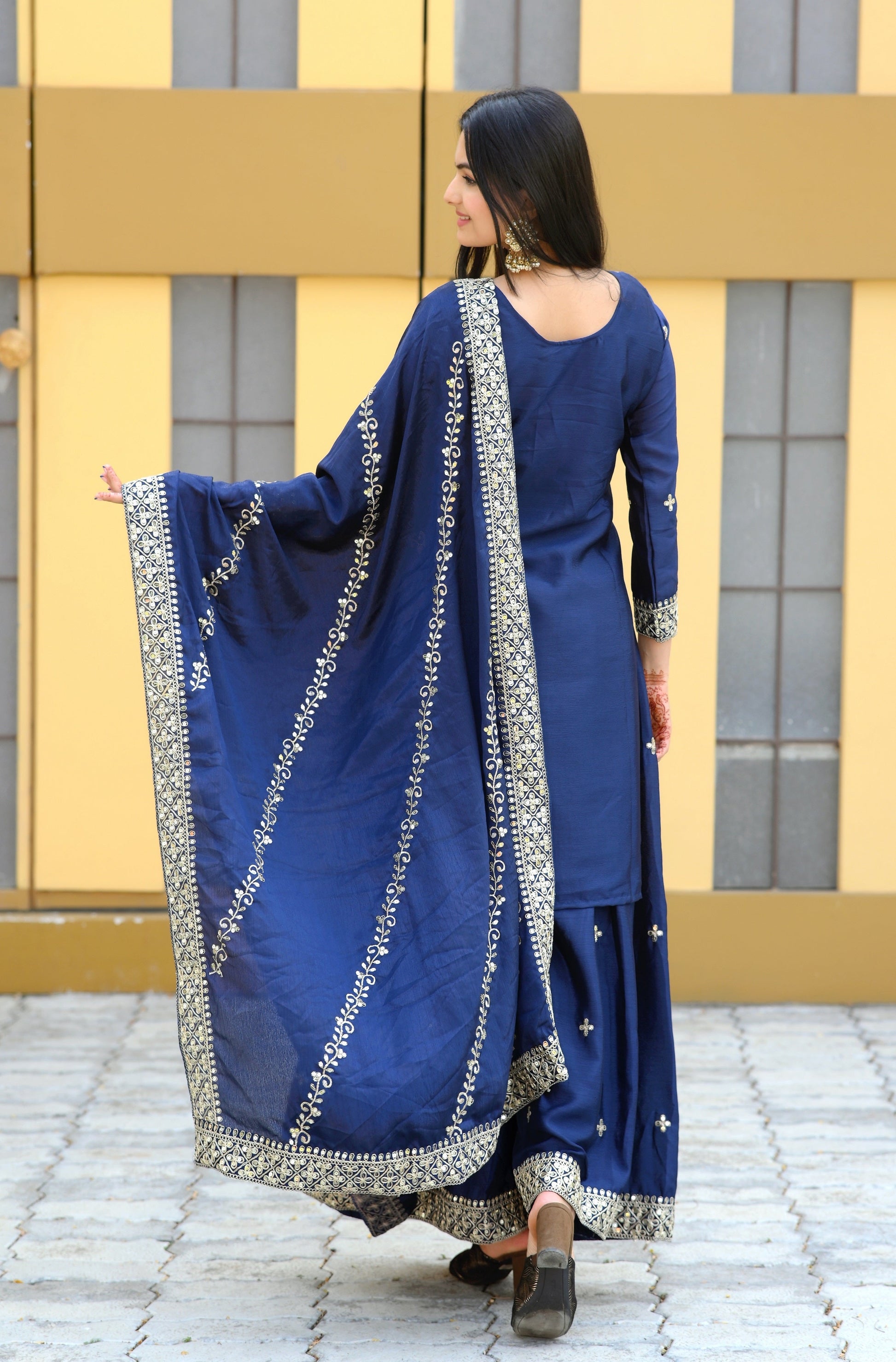 Teeya Creation Blue Color Chinon Silk Heavy Embroidery Work Fully Stitched Salwar Suit