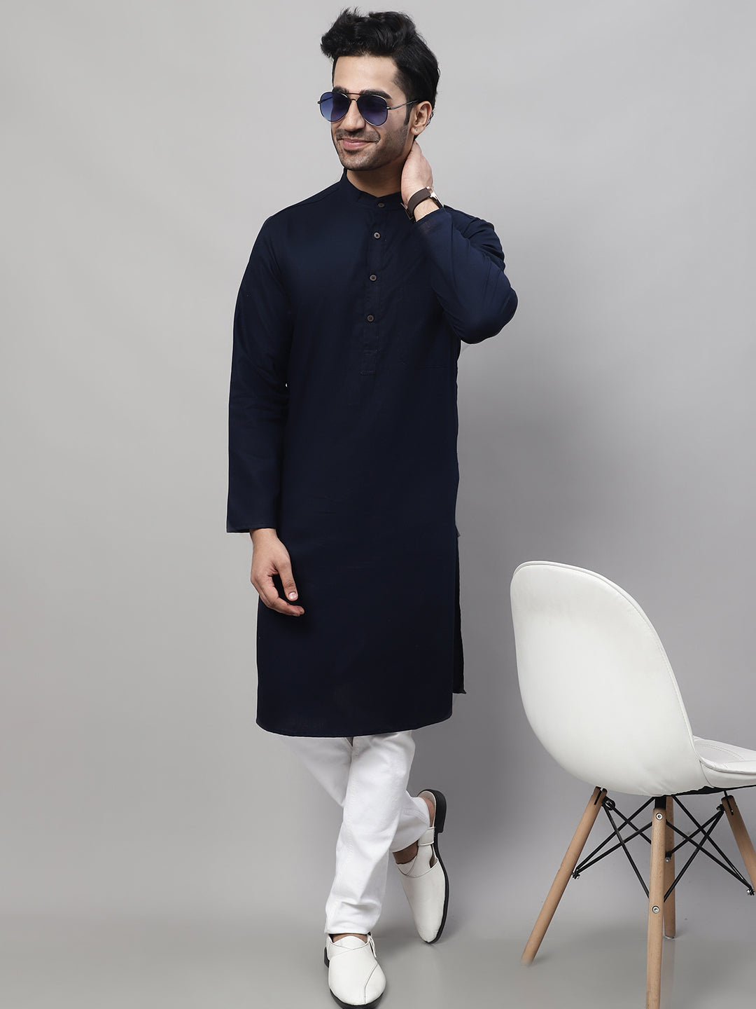 Even Apparels Blue Pure Cotton Kurta With Band Collar 