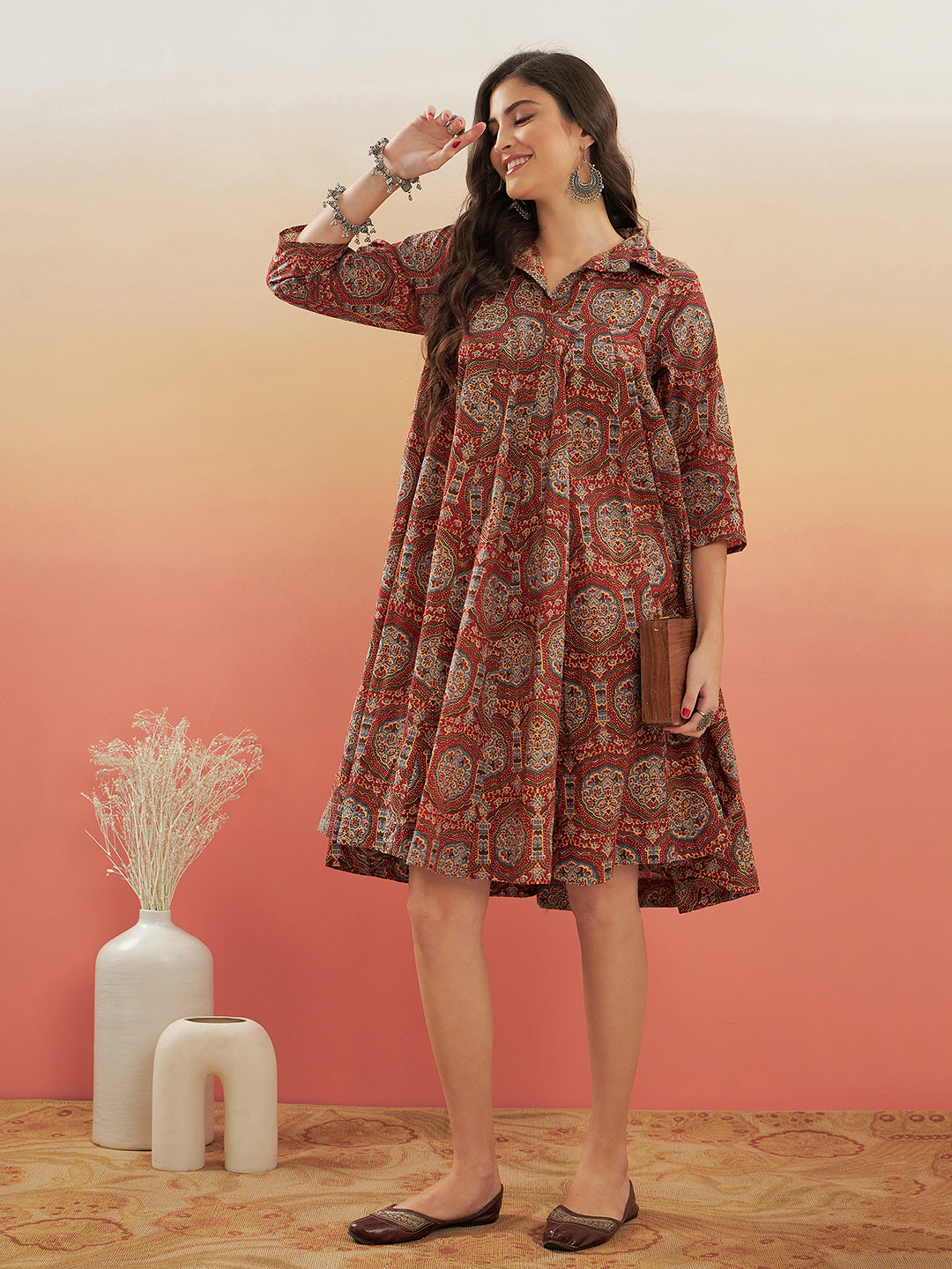 InWeave Women's Maroon Mughal Kalamkari Flared Dress 