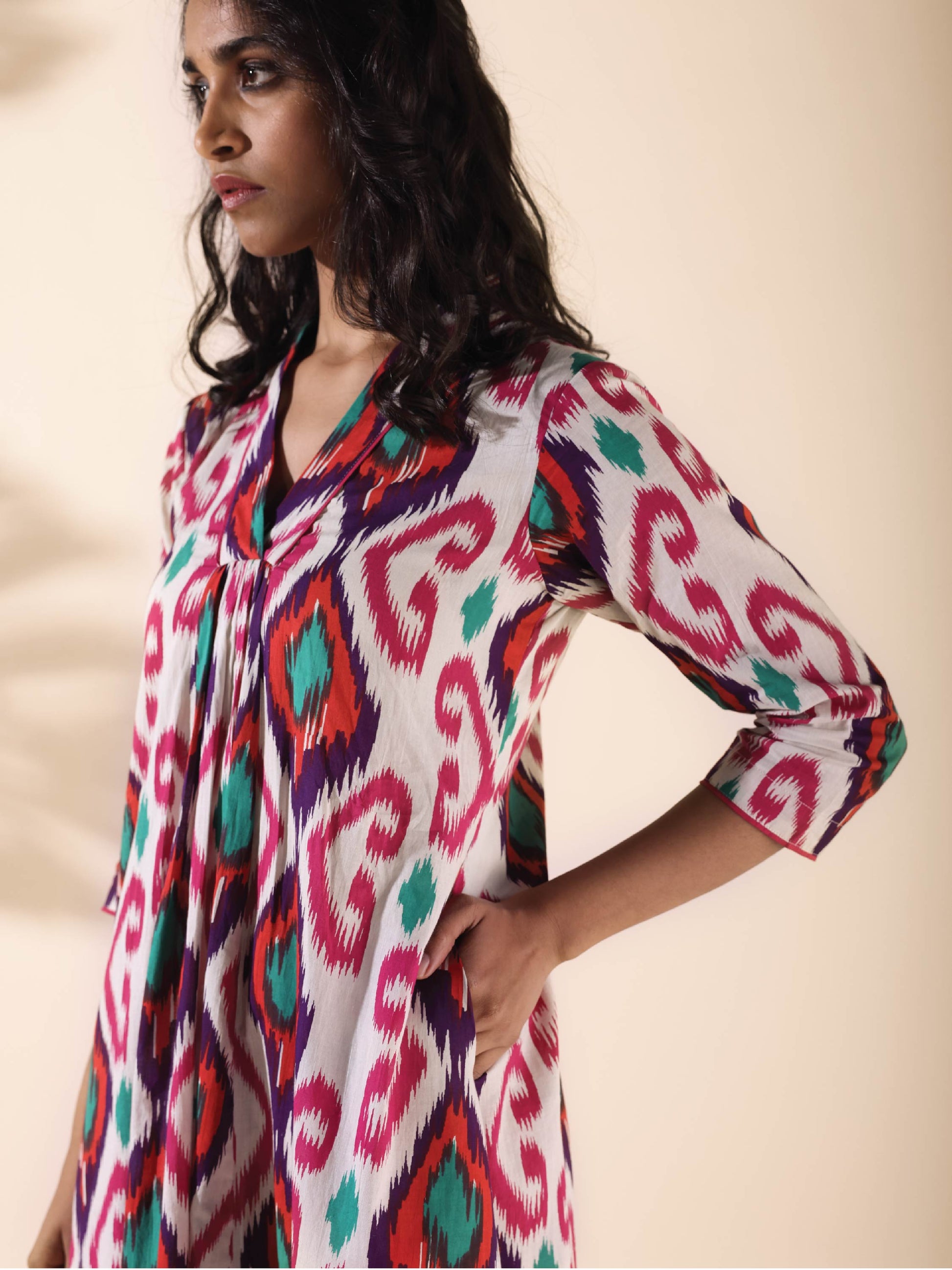 trueBrowns Pink Cotton Ikat Flared Kurta Pant Set 