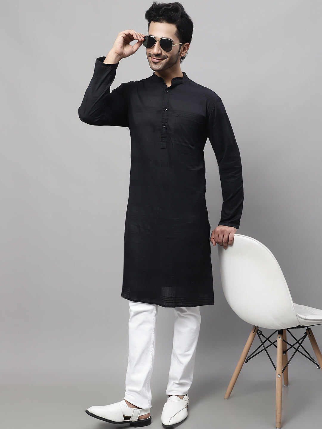 Even Apparels Black Pure Cotton Kurta With Band Collar 