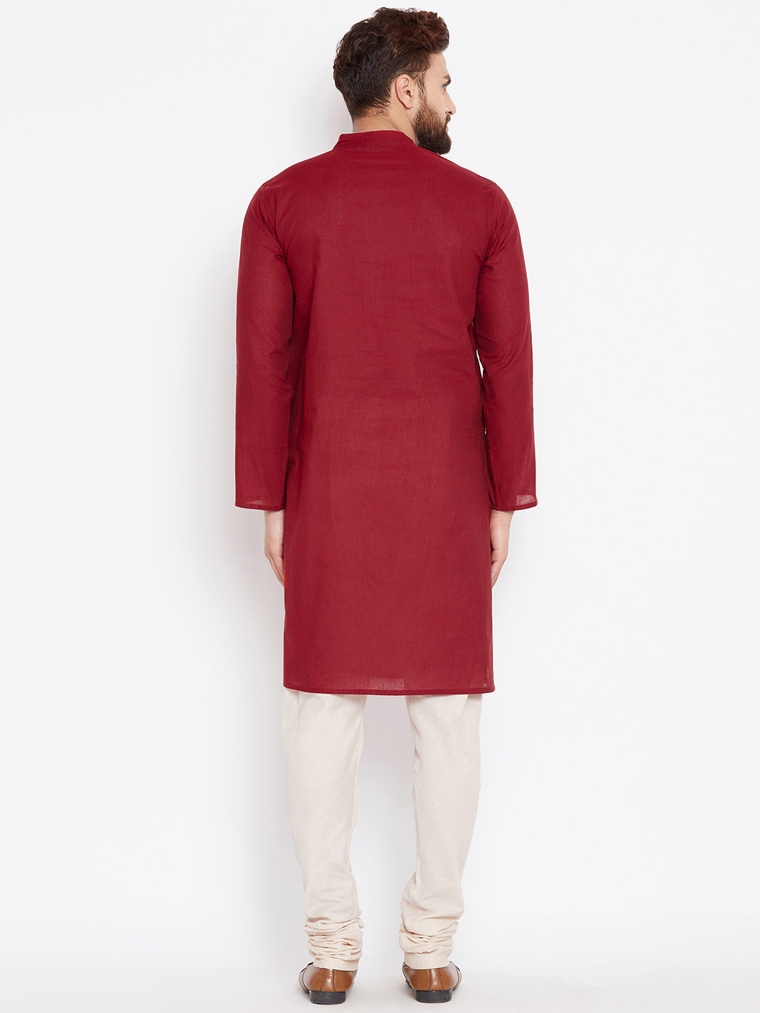 Even Apparels Maroon Pure Cotton Kurta With Band Collar 