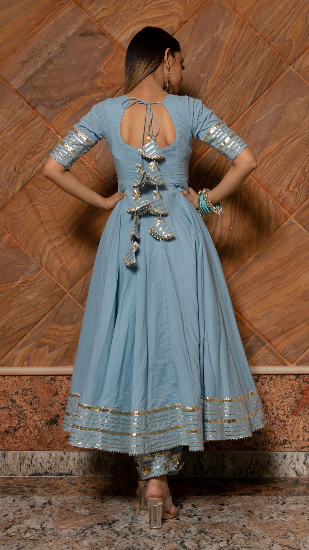 Pomcha Jaipur Powder Blue Pure Cotton Anarkali Set 
