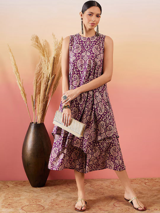 InWeave Dusty Mauve Paisley Round Neck Kurta Short Palazzo Set 