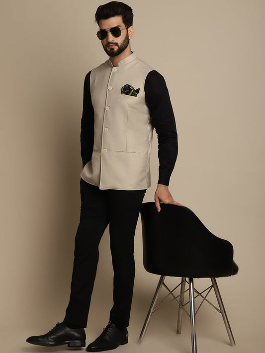 Even Apparels Men's Cream Mandarin Collar Waistcoat - Grab2buy