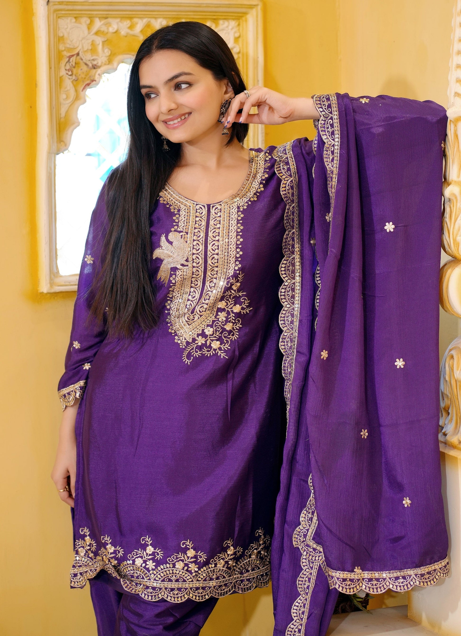 Teeya Creation Purple Color Chinon Silk Heavy Embroidery Work Fully Stitched Salwar Suit