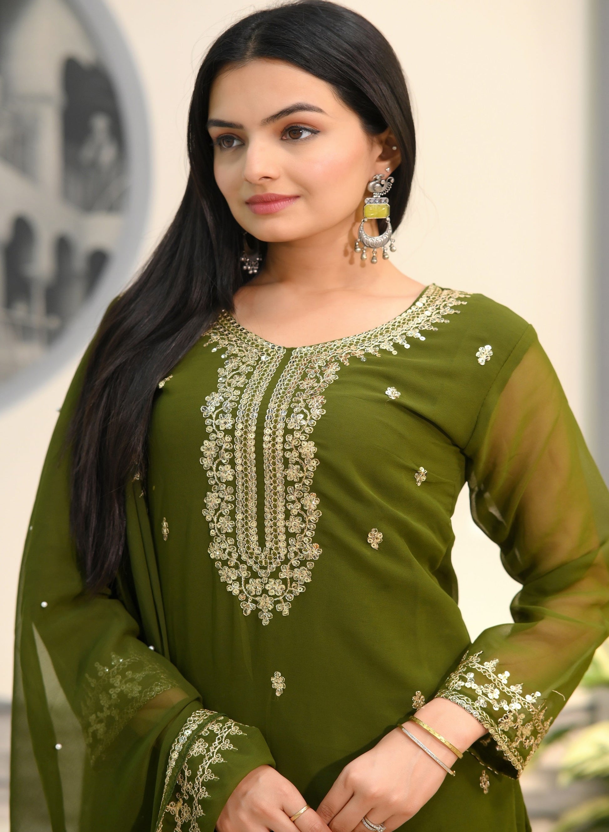 Teeya Creation Mehndi Color Faux Georgette Silk Heavy Embroidery Work Fully Stitched Salwar Suit