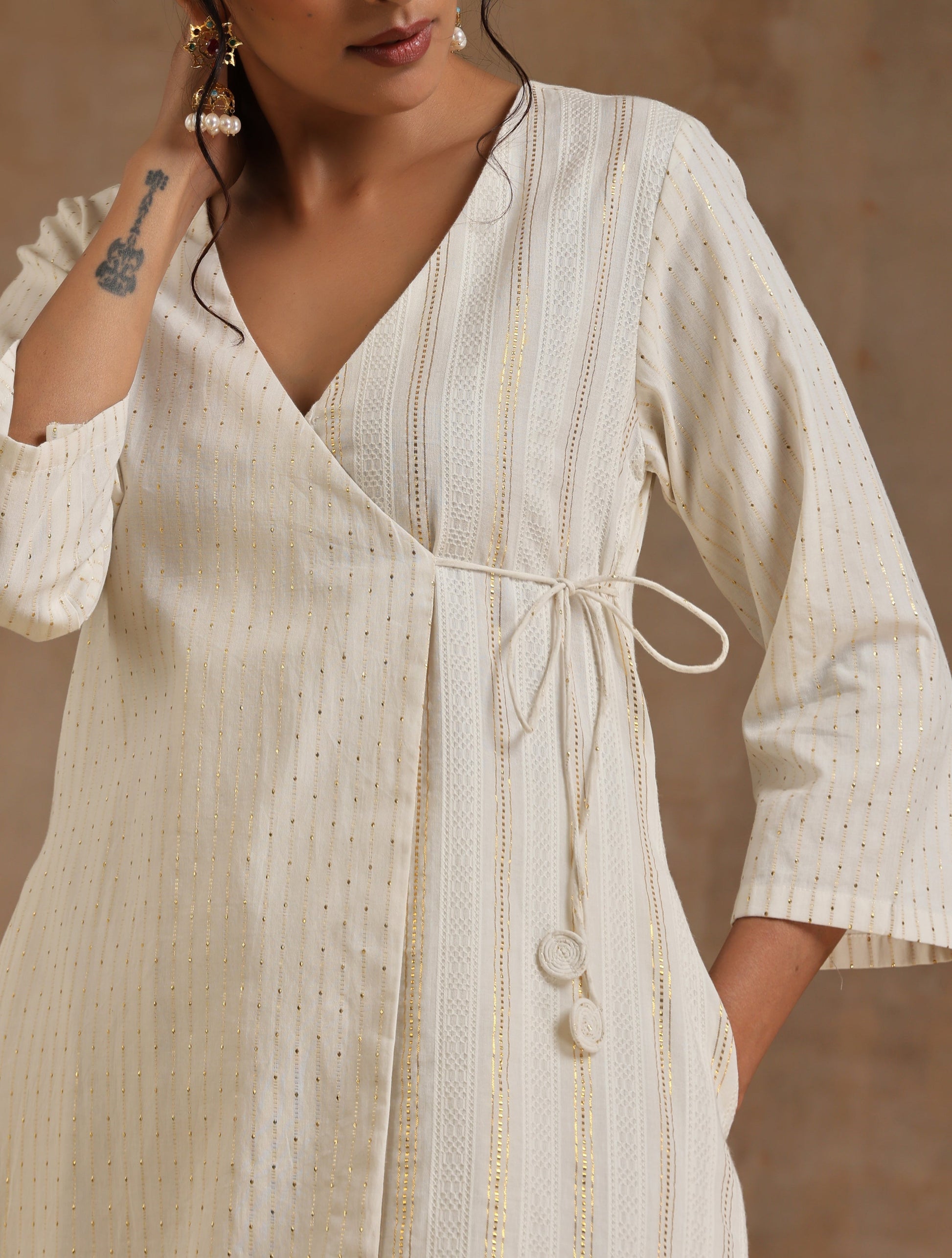 trueBrowns Ivory Gold Cotton Angrakha Kurta Set 