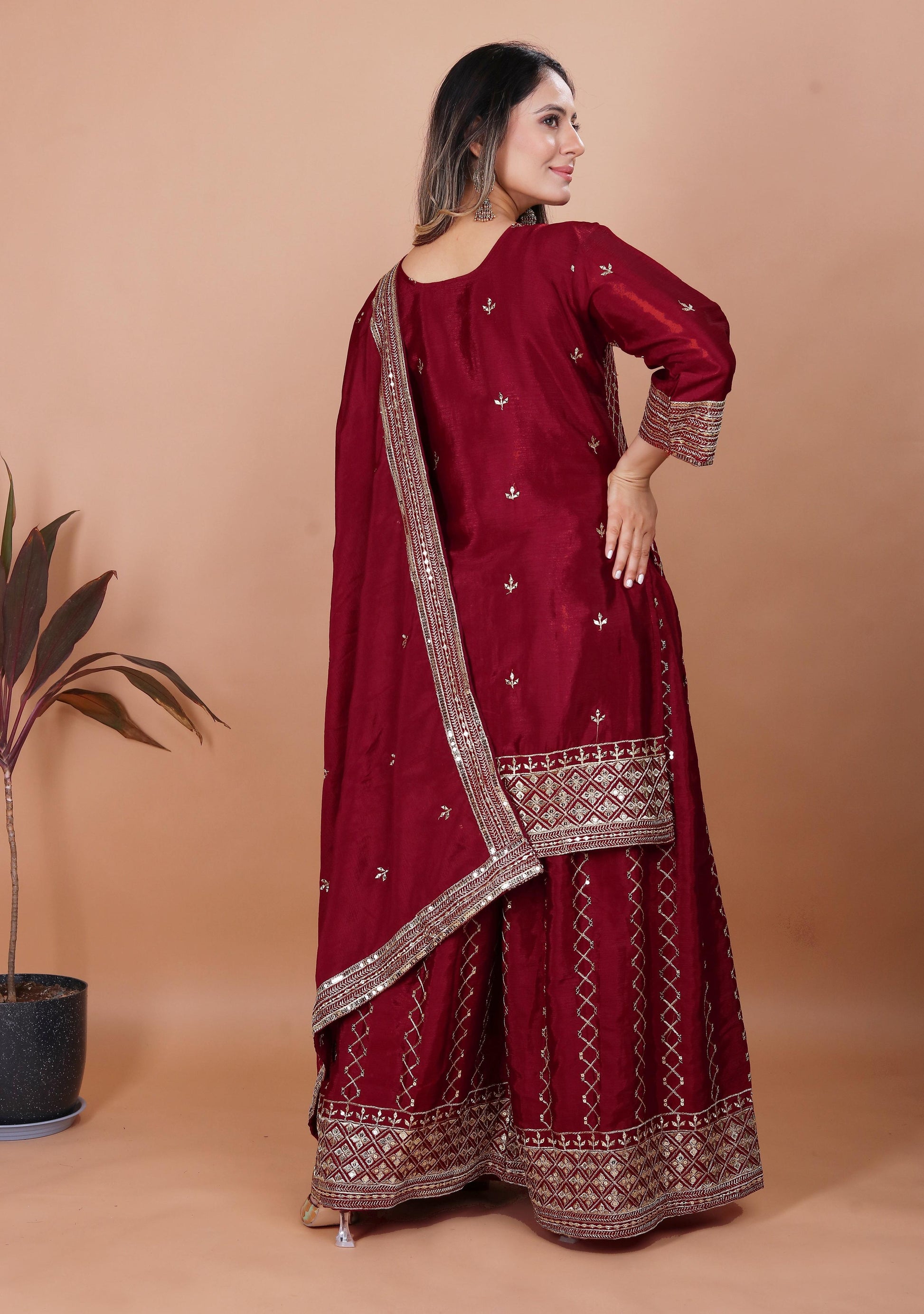 Yash Enterprise Maroon Chinon Silk Party Wear Embroidery Suit Set  Grab2Buy Yash Enterprise Grab2Buy
