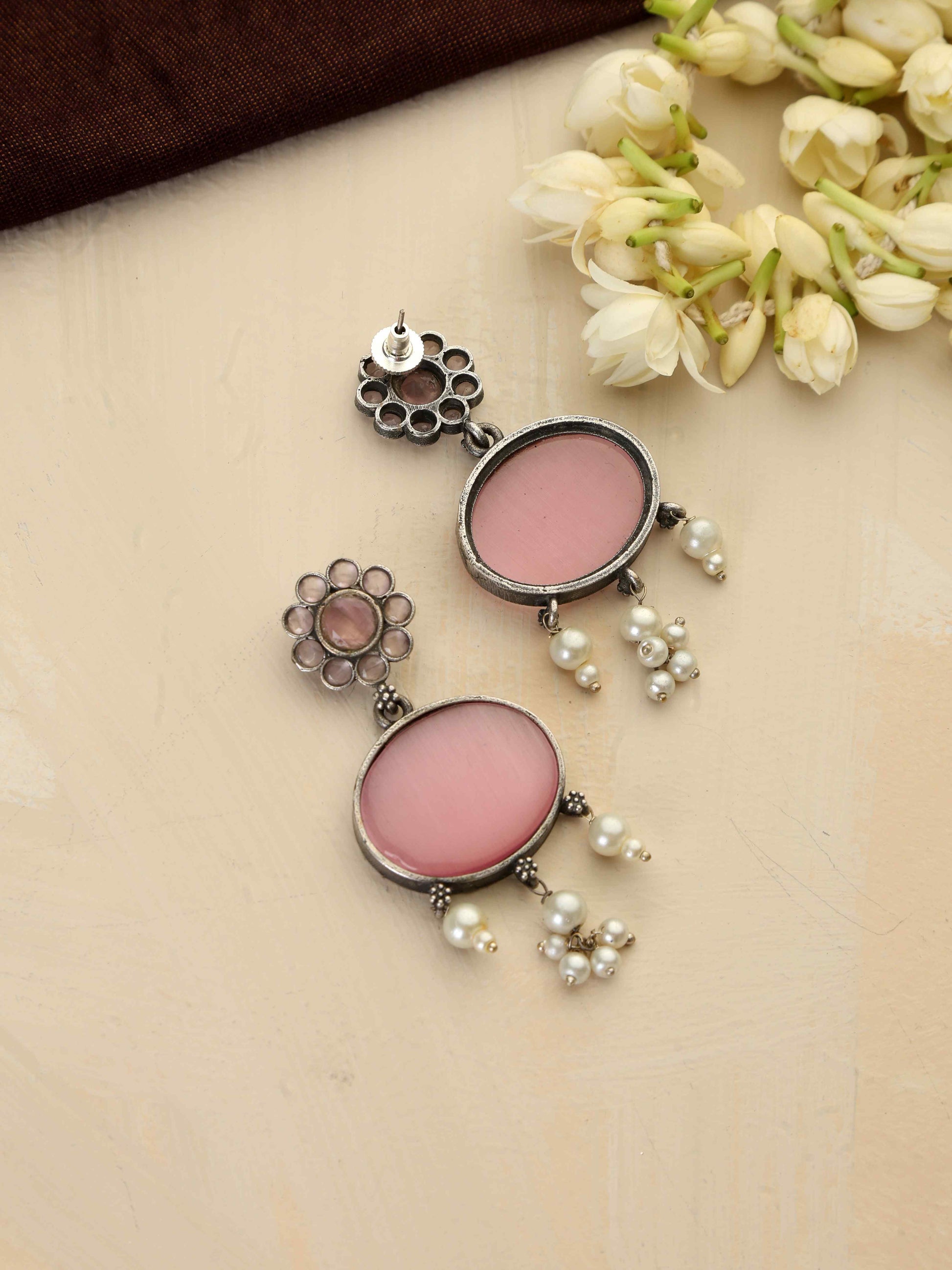 trueBrowns Silver Tone Pink Stone Dangle Earrings Truebrowns Lifestyle