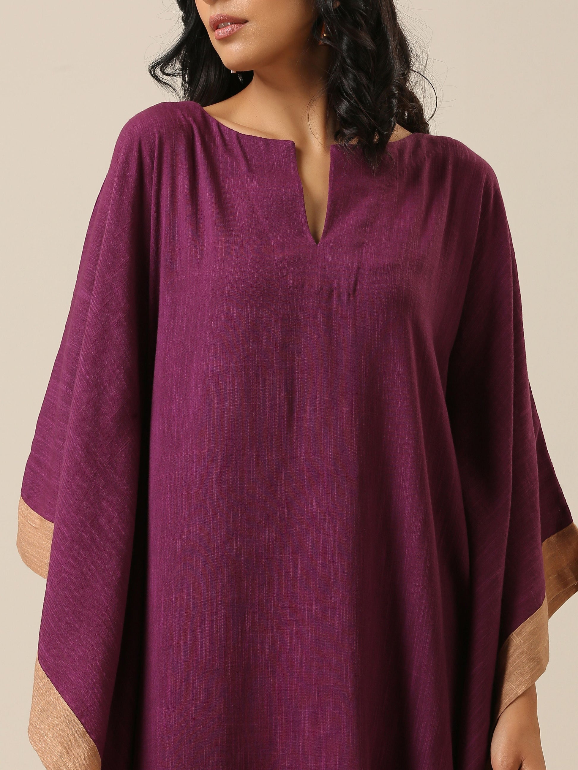 trueBrowns Plum Purple Slub Texture High Low Kaftan Pant Set 