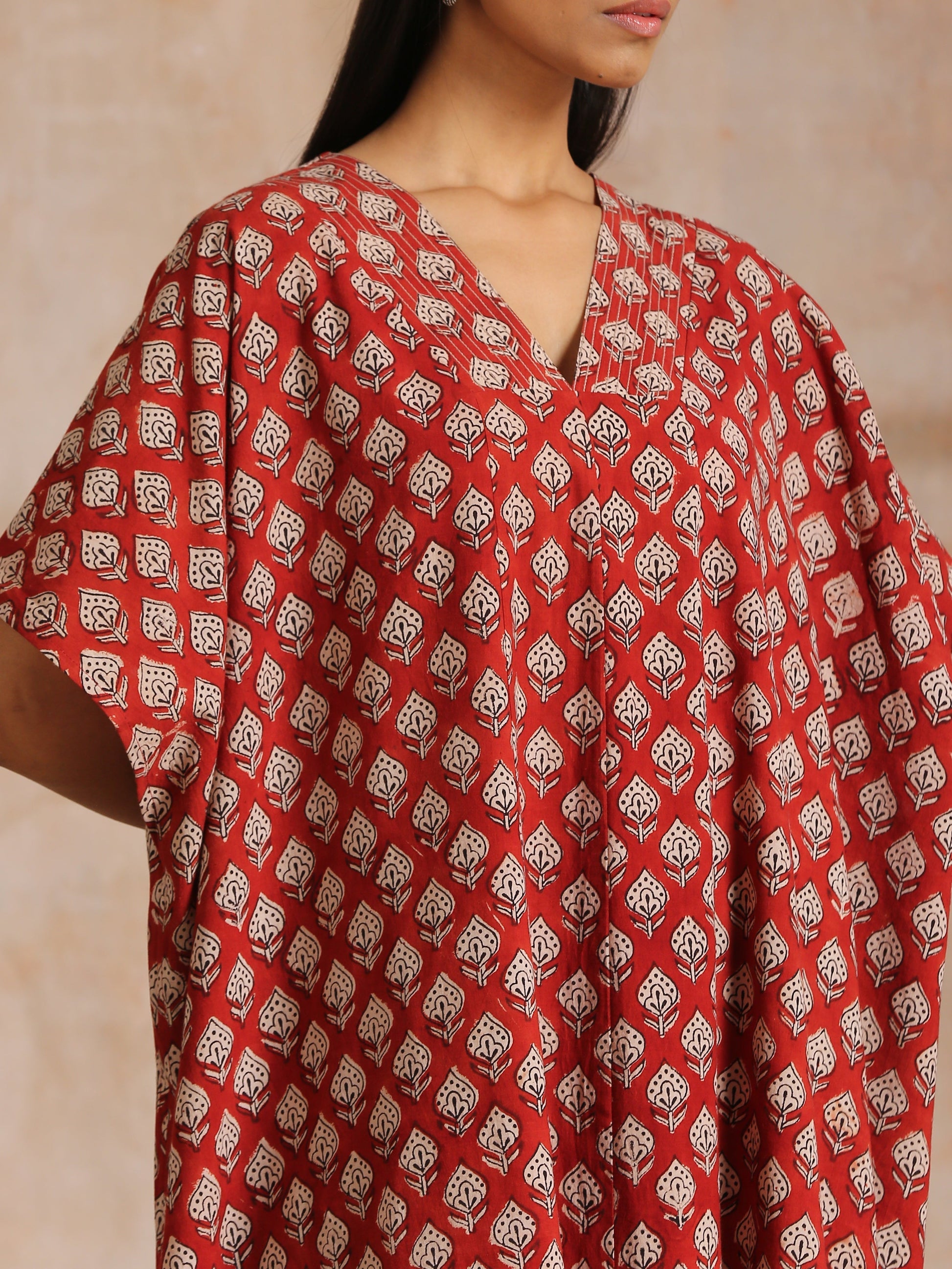 trueBrowns Rust Red Bagru Floral Print Cotton Panel Kaftan Kurta Pant Set 