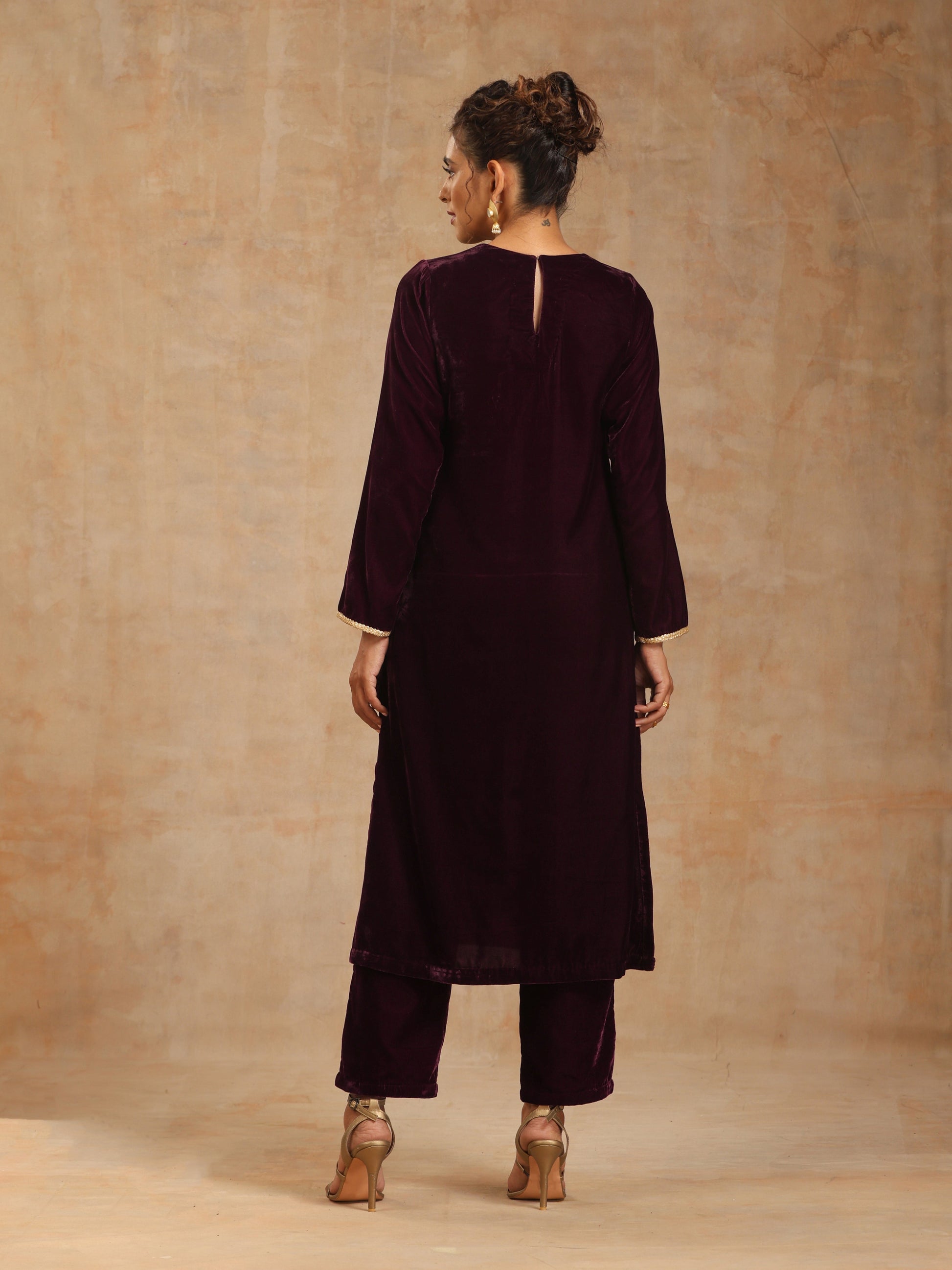 trueBrowns Wine Velvet Yoke Embroidered Kurta 