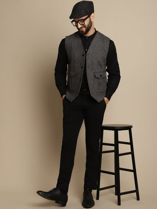 Even Apparels Men's Grey Woolen Waistcoat With Patch Pocket - Grab2buy