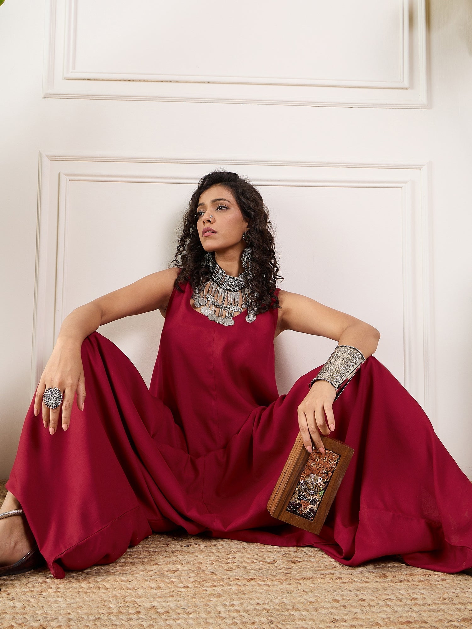 InWeave Maroon Round Sleeveless Jumpsuit 