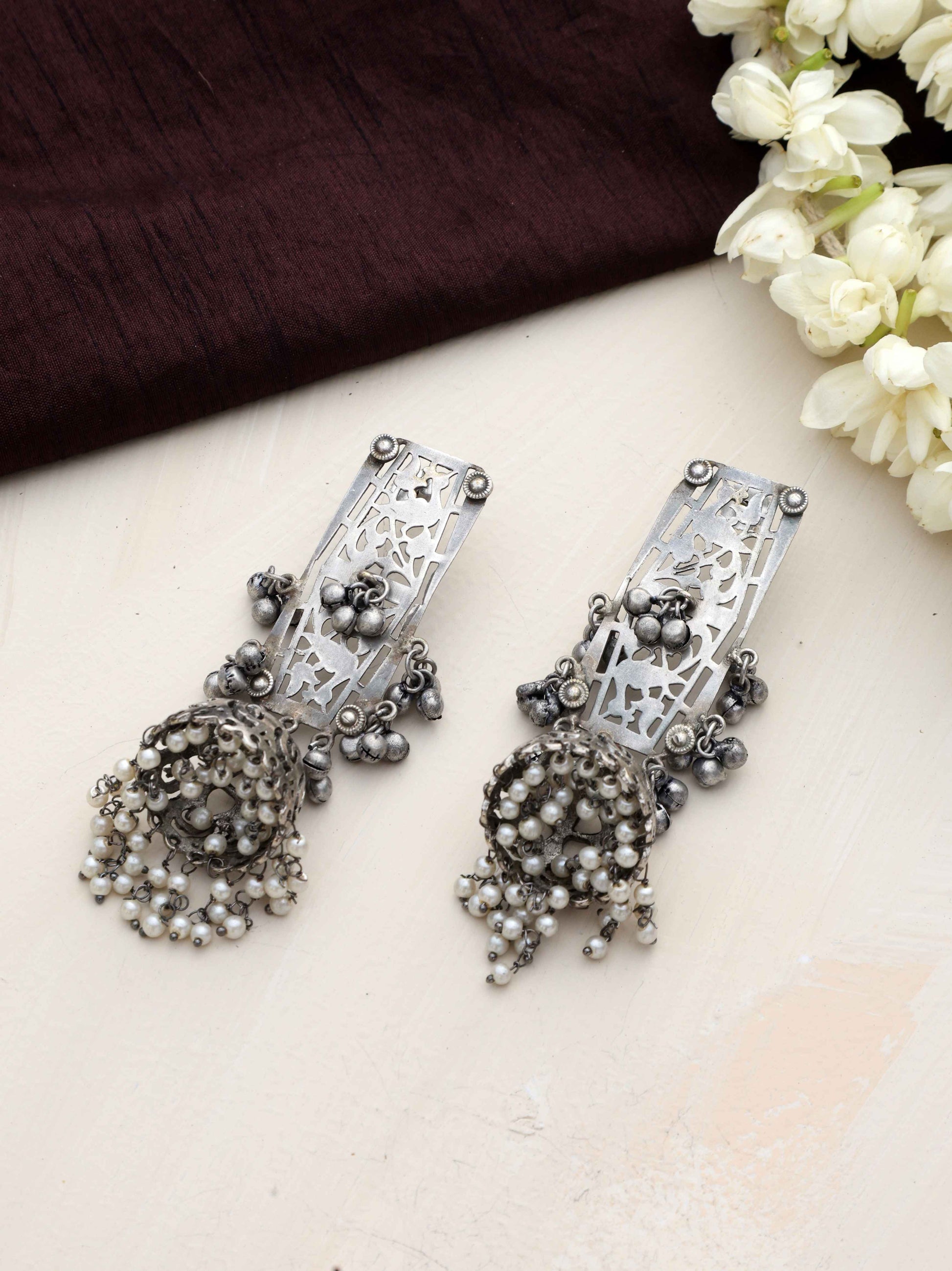 trueBrowns Silver Tone Floral Jhumka Earrings Truebrowns Lifestyle