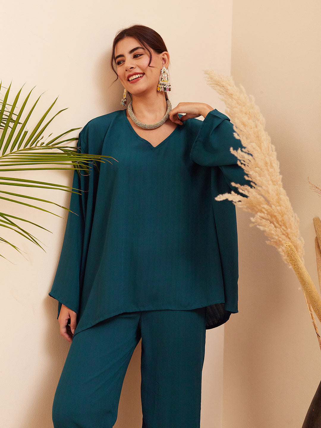 InWeave Women's Dark Ocean Full Sleeve Boho Top Bottom Set 