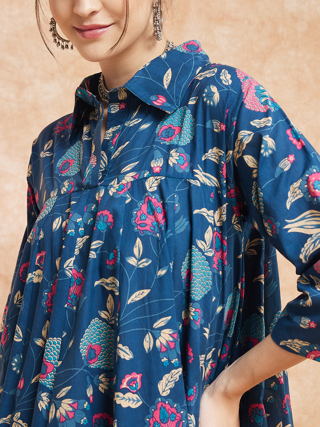 InWeave Women's Blue Pink Kalamkari Flared Dress 