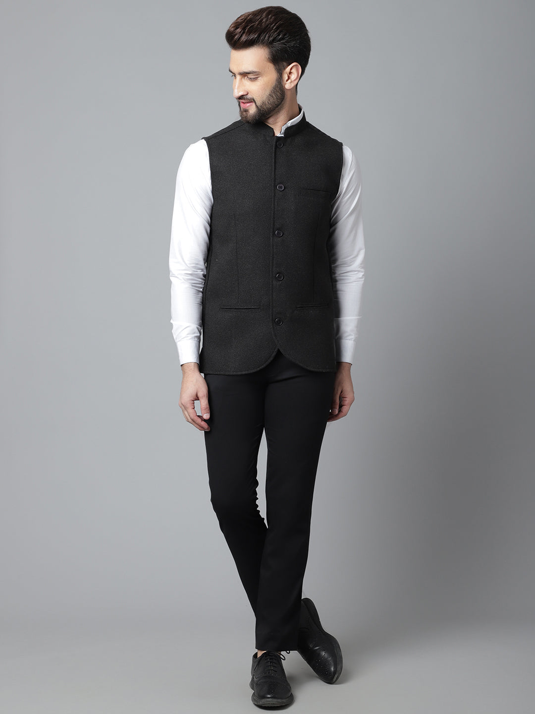 Even Apparels Men's Black Pure Wool Nehru Jacket 