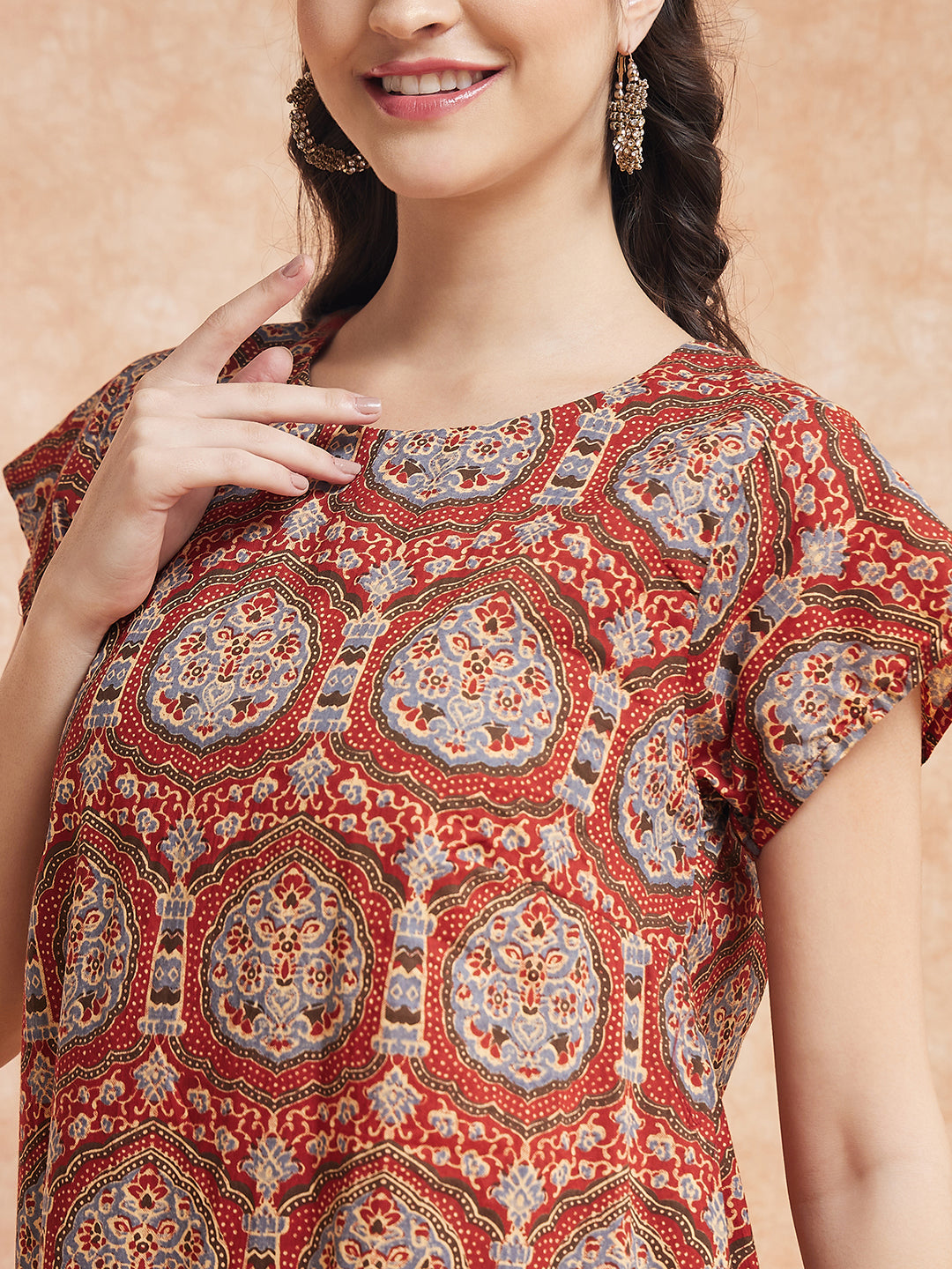 InWeave Women's Maroon Mughal Kalamkari A Line Dress 