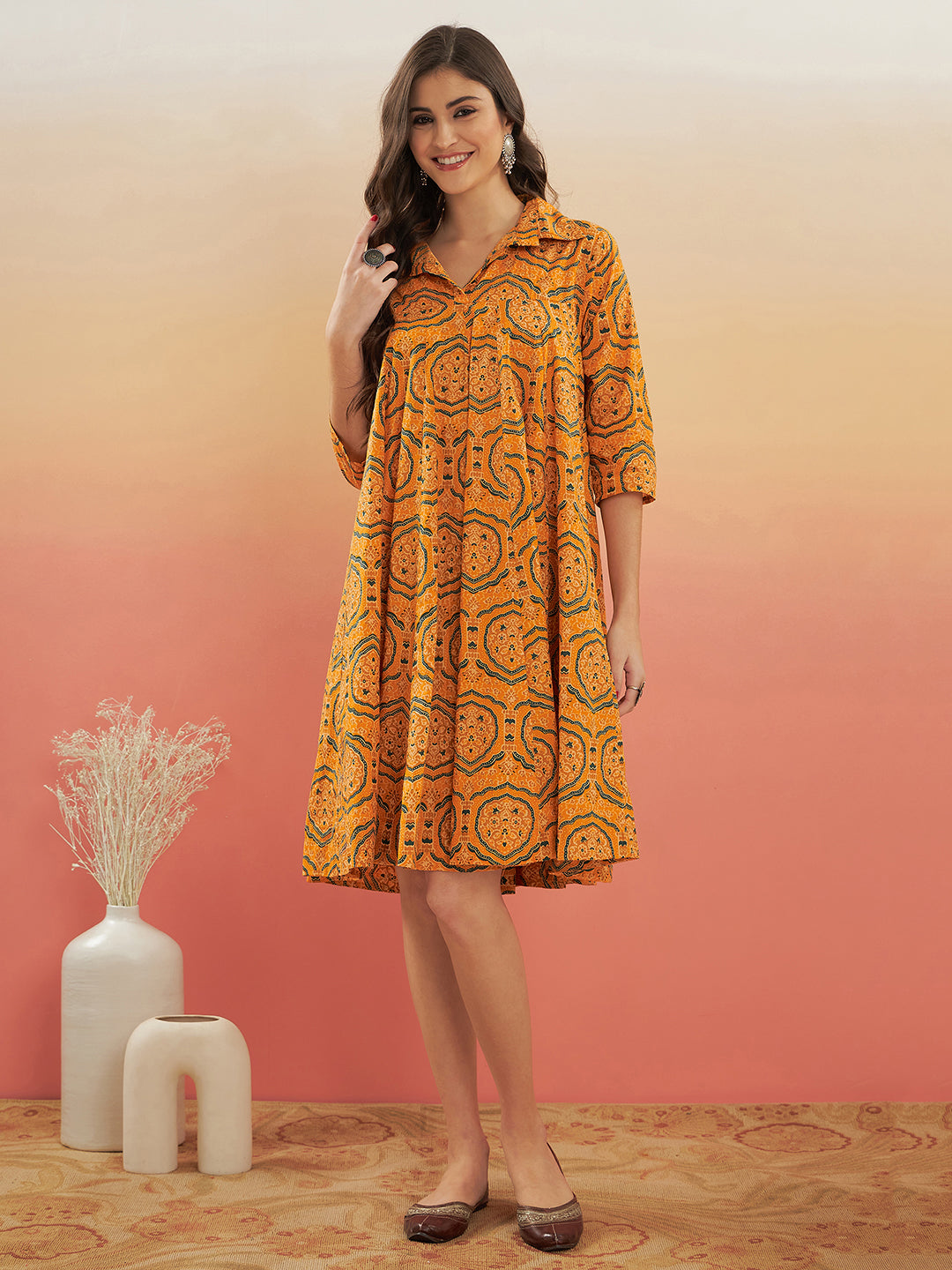 InWeave Women's Haldi Yellow Mughal Kalamkari Flared Dress 
