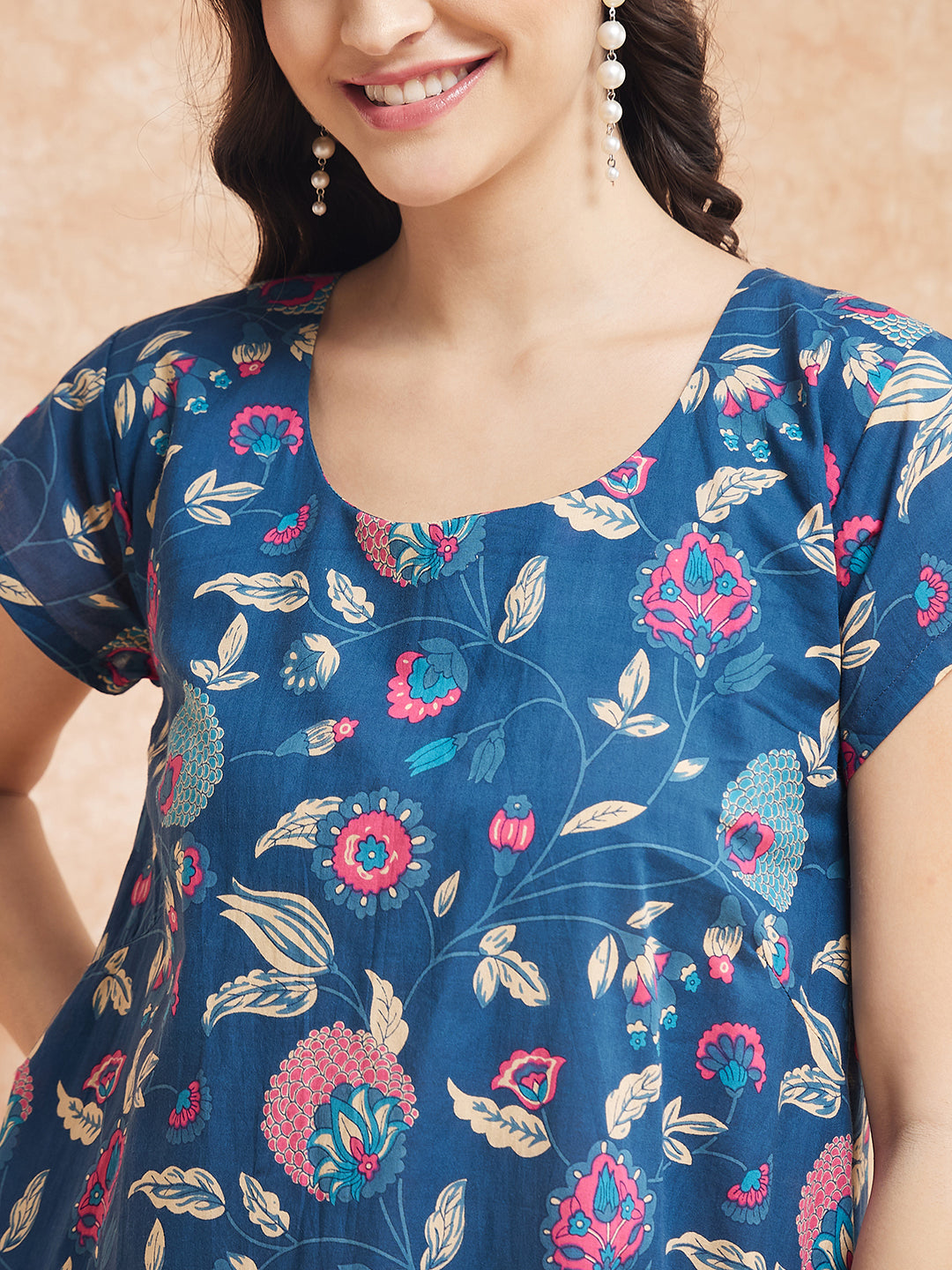 InWeave Women's Blue Pink Kalamkari A Line Dress 