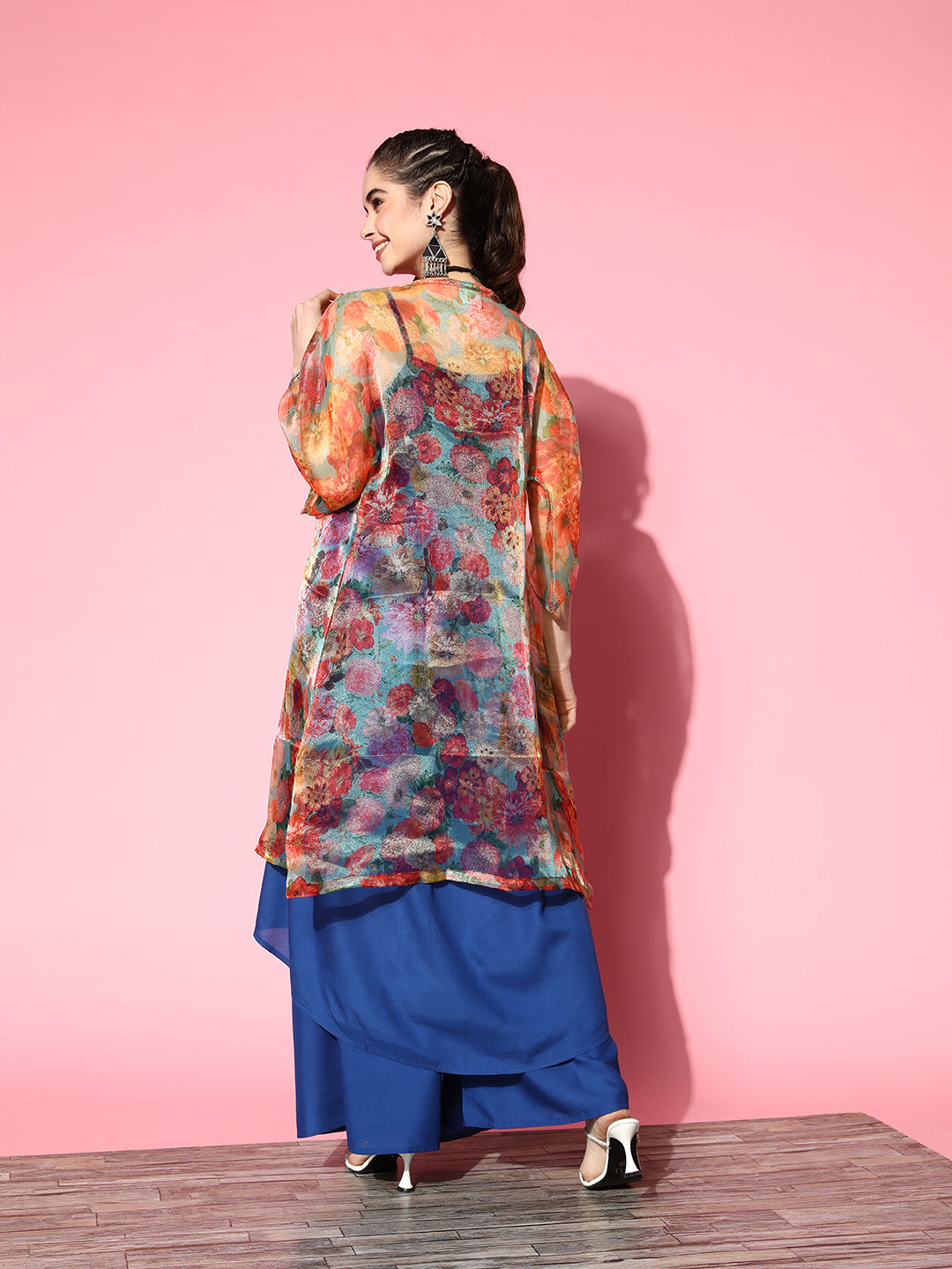 InWeave Ink Blue Strappy Set With Green Floral Long Organza Cape 