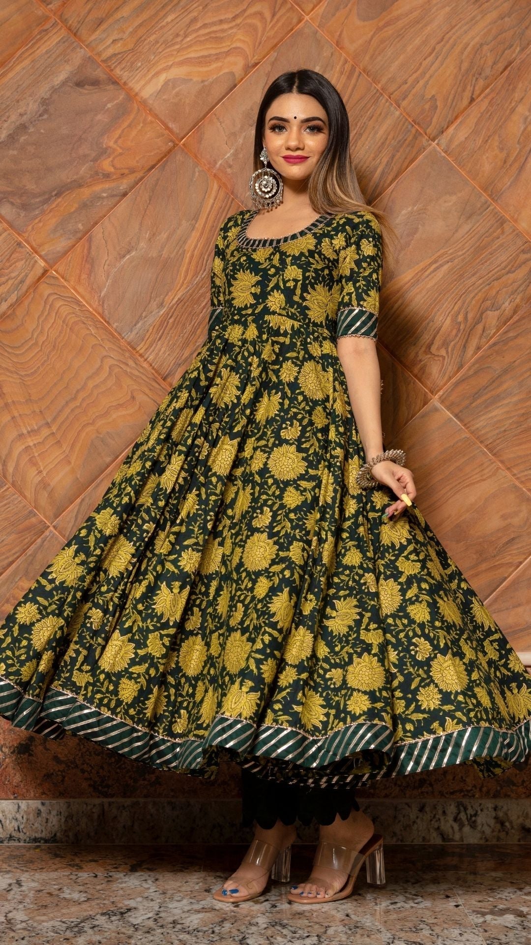 Pomcha Jaipur Idika Green Hand Block Anarkali Set 