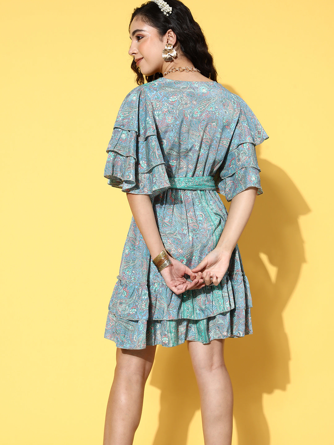 InWeave Women's Sparky Blue Ruffled Tie Up Dress 