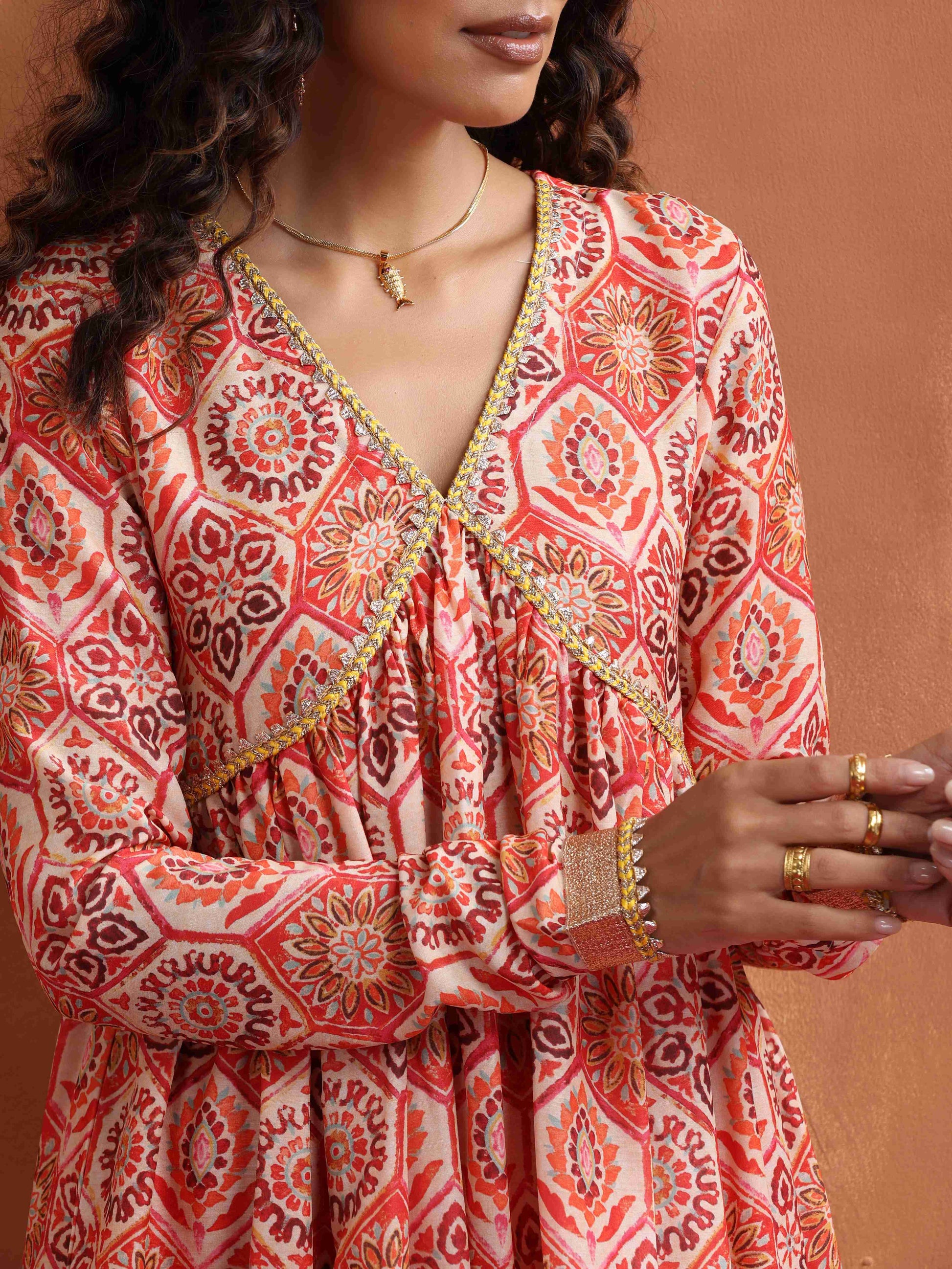 trueBrowns Beige Print Flared Anarkali Kurta Set 