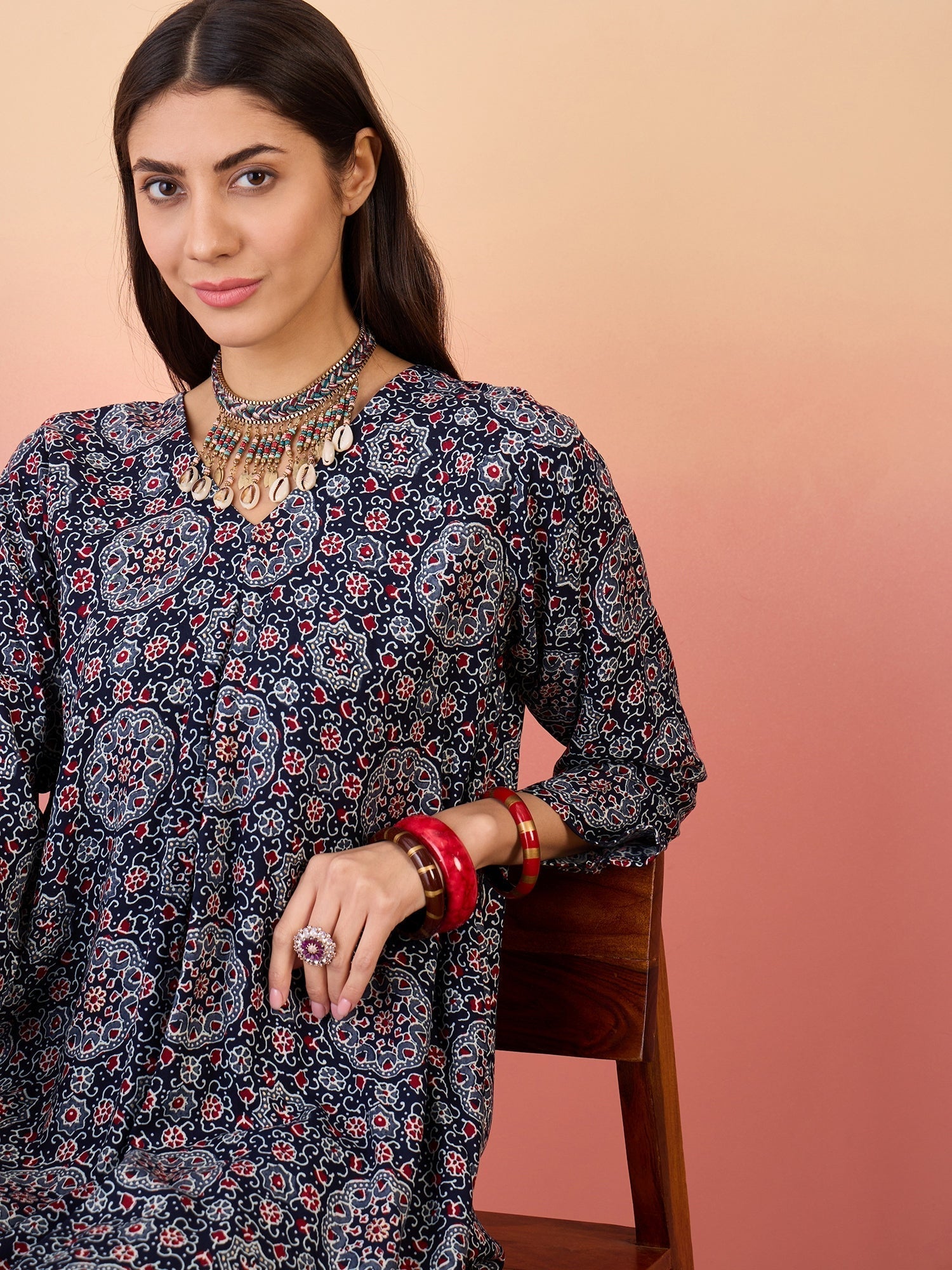 InWeave Navy Maroon Ajrakh Foil V Neck Kurta Pant Set 