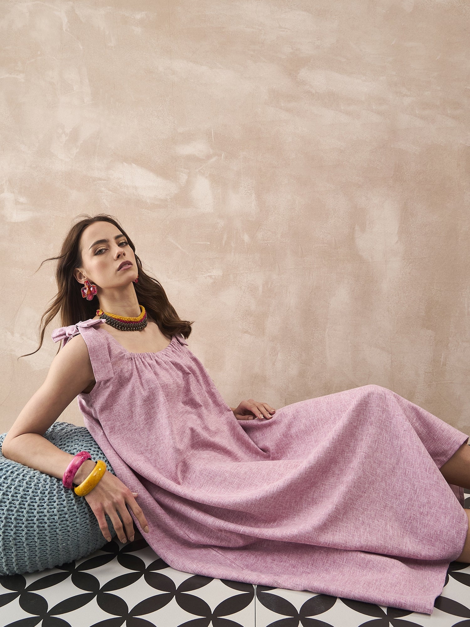 InWeave Dull Pink Linen Round Pleat Bow Dress 