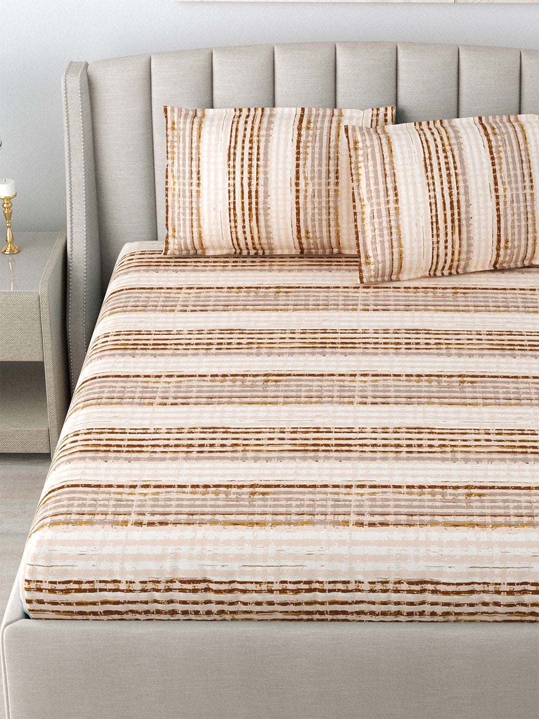 DREAM WEAVERZ Beige & Brown Striped Pure Cotton 220 TC King Bedsheet With 2 Pillow Covers 