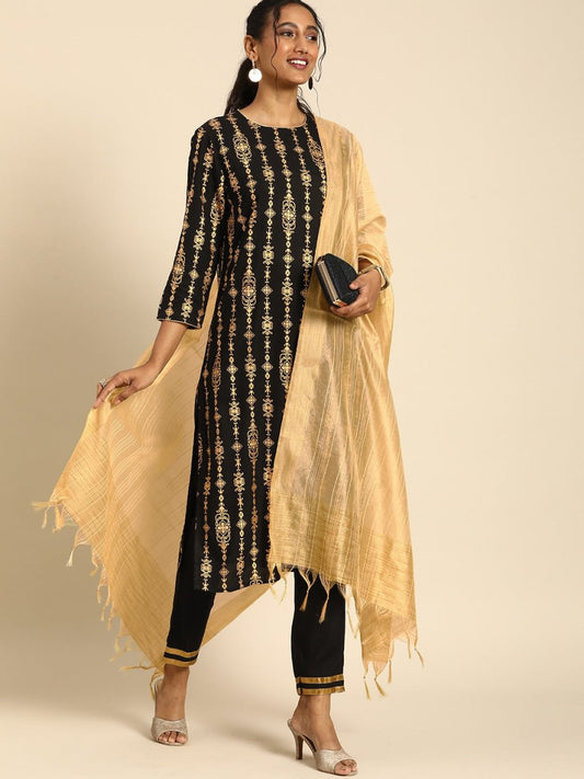 All About You Women Black Ethnic Motifs Printed Regular Kurta with Trousers & With Dupatta