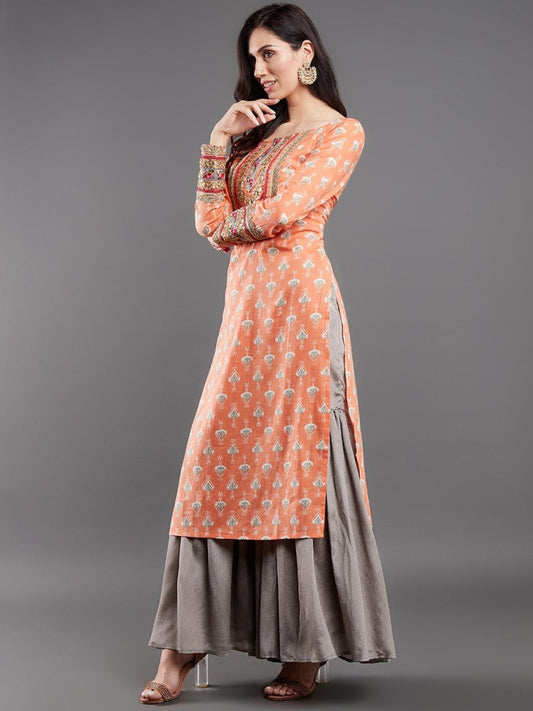 Aks Ethnic Motifs Printed Sequinned Pure Cotton A Line Kurta