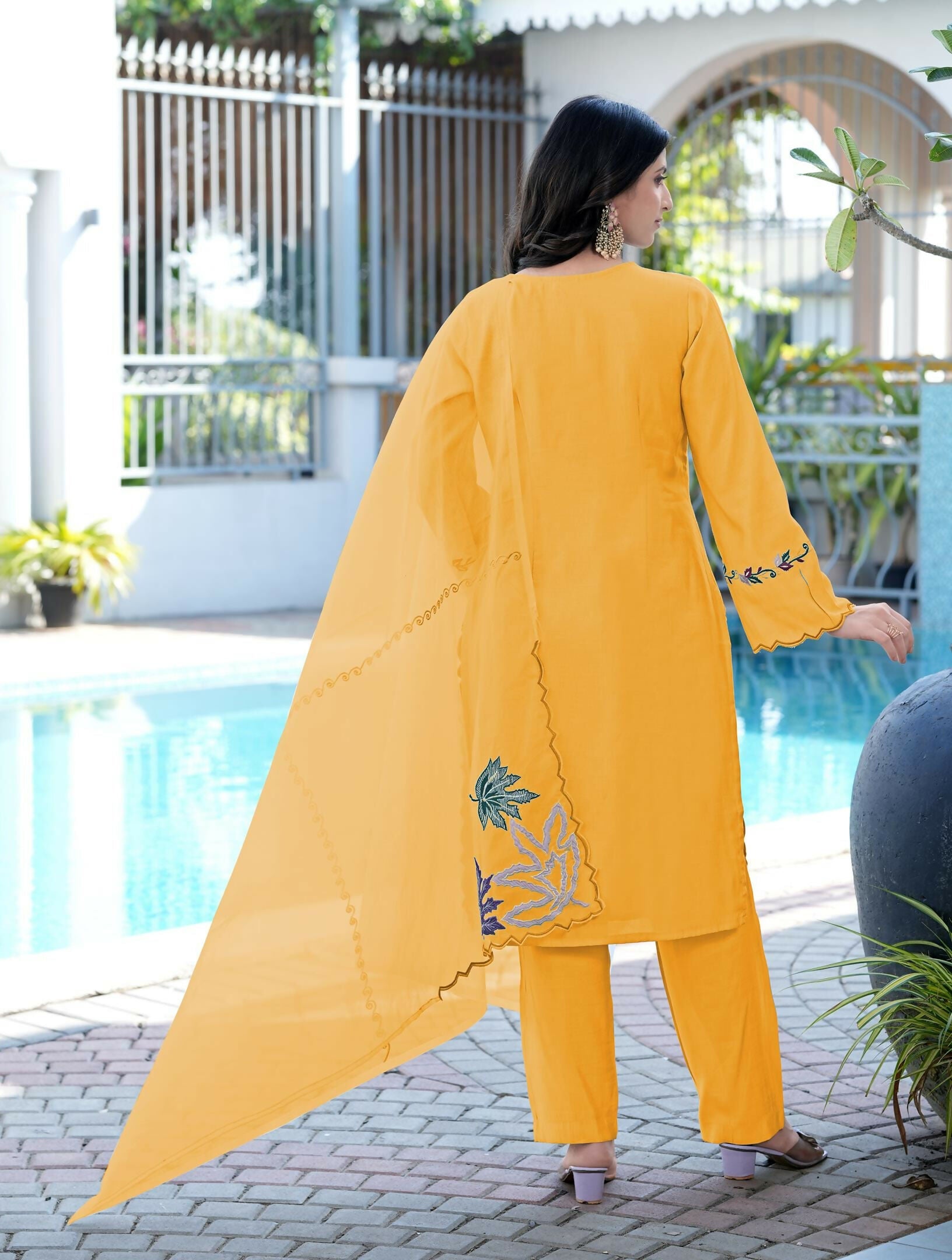 Nikhaar Yellow Embroidered Art Silk Stitched Straight Cut Kurta Pants Dupatta Readymade Suit