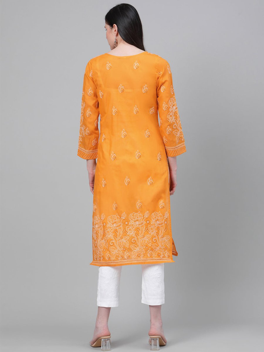 ADA Women Mustard Yellow & White Chikankari Embroidered Cotton Sustainable Handloom Kurta with Palazzos 