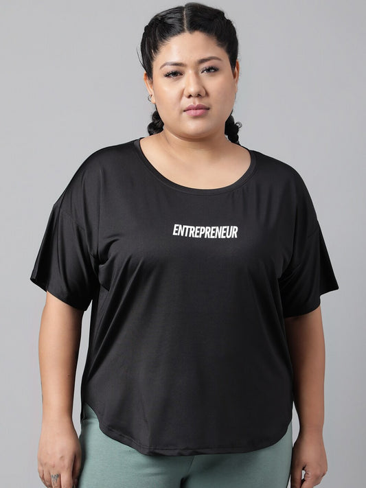 MKH Women Plus Size Typography Printed Drop shoulder Sleeves Dri-FIT Relaxed Fit T-shirt 
