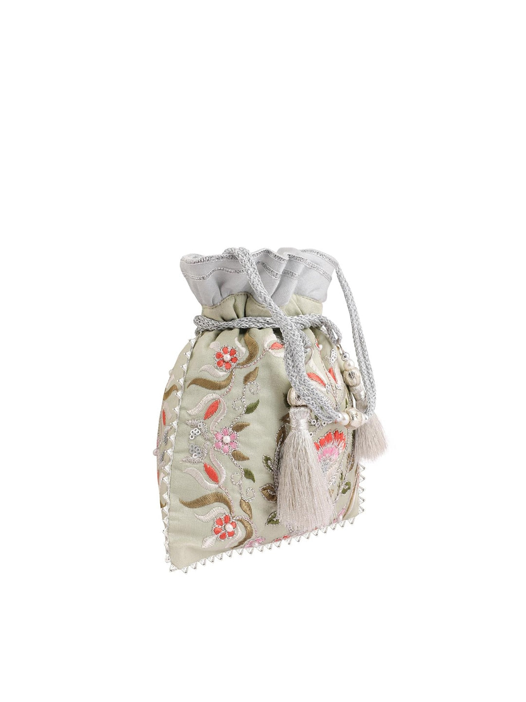 Masq Green & Pink Embellished Embroidered Potli Clutch 
