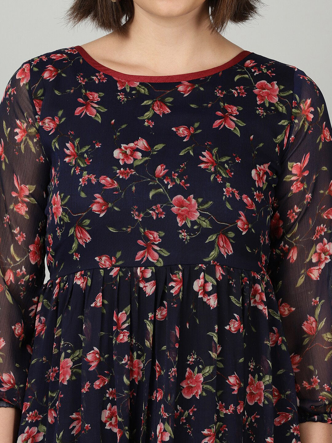 Souchii Women Navy Blue & Red Floral Chiffon A-Line Tiered Dress 