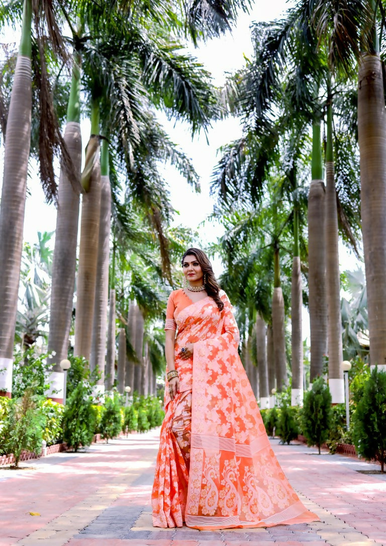 Partywear Designer Orange Jamdani contton Fancy Saree - Starwalk