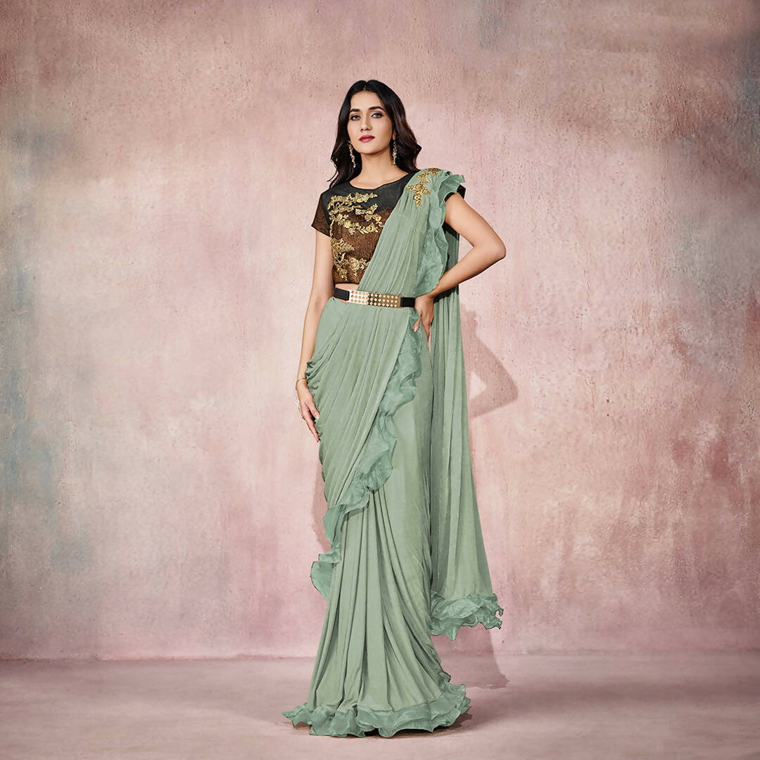 Sea Green Lycra Embroidery Designer Saree With Blouse - Mohmanthan Sitaarah