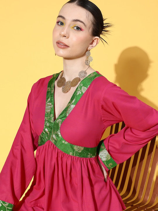 InWeave Women's Fuchsia Green Brocade Mughal Shaan Kurta Palazzo Set 