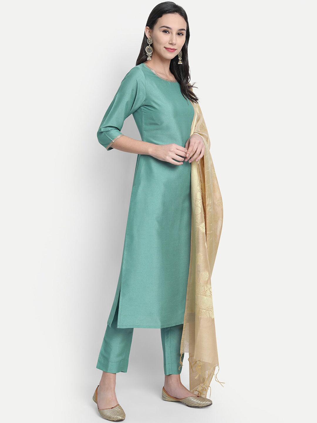 Janasya Women Green Solid Straight Kurta & Trousers With Dupatta