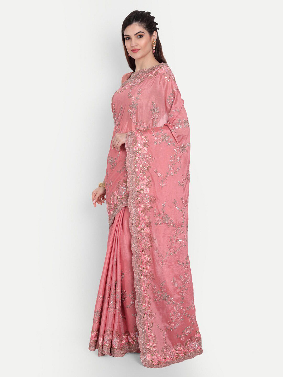 kasee Pink & Green Floral Sequinned Pure Chiffon Saree