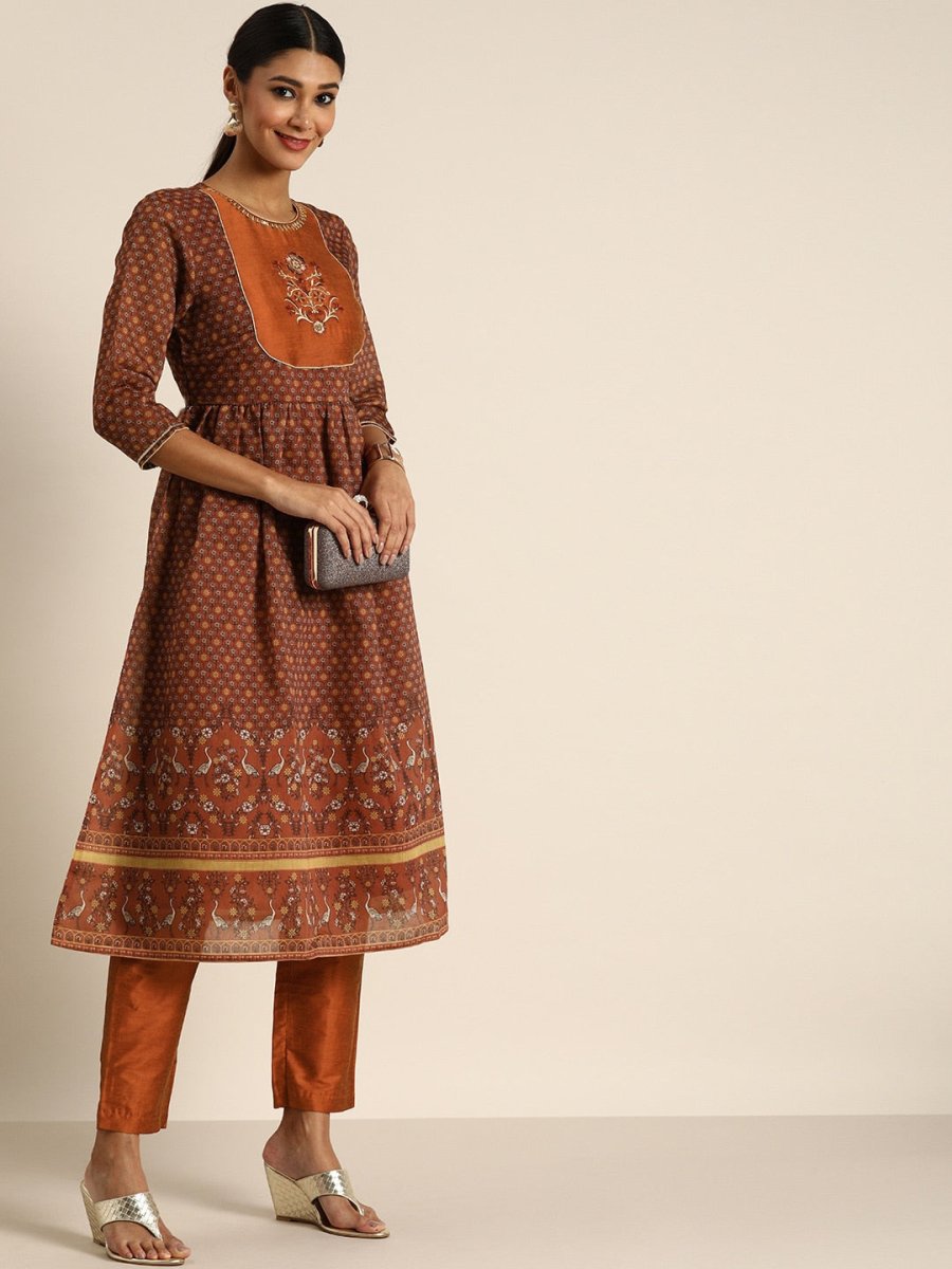 All About You Women Rust Floral Printed Empire Kurta with Trousers