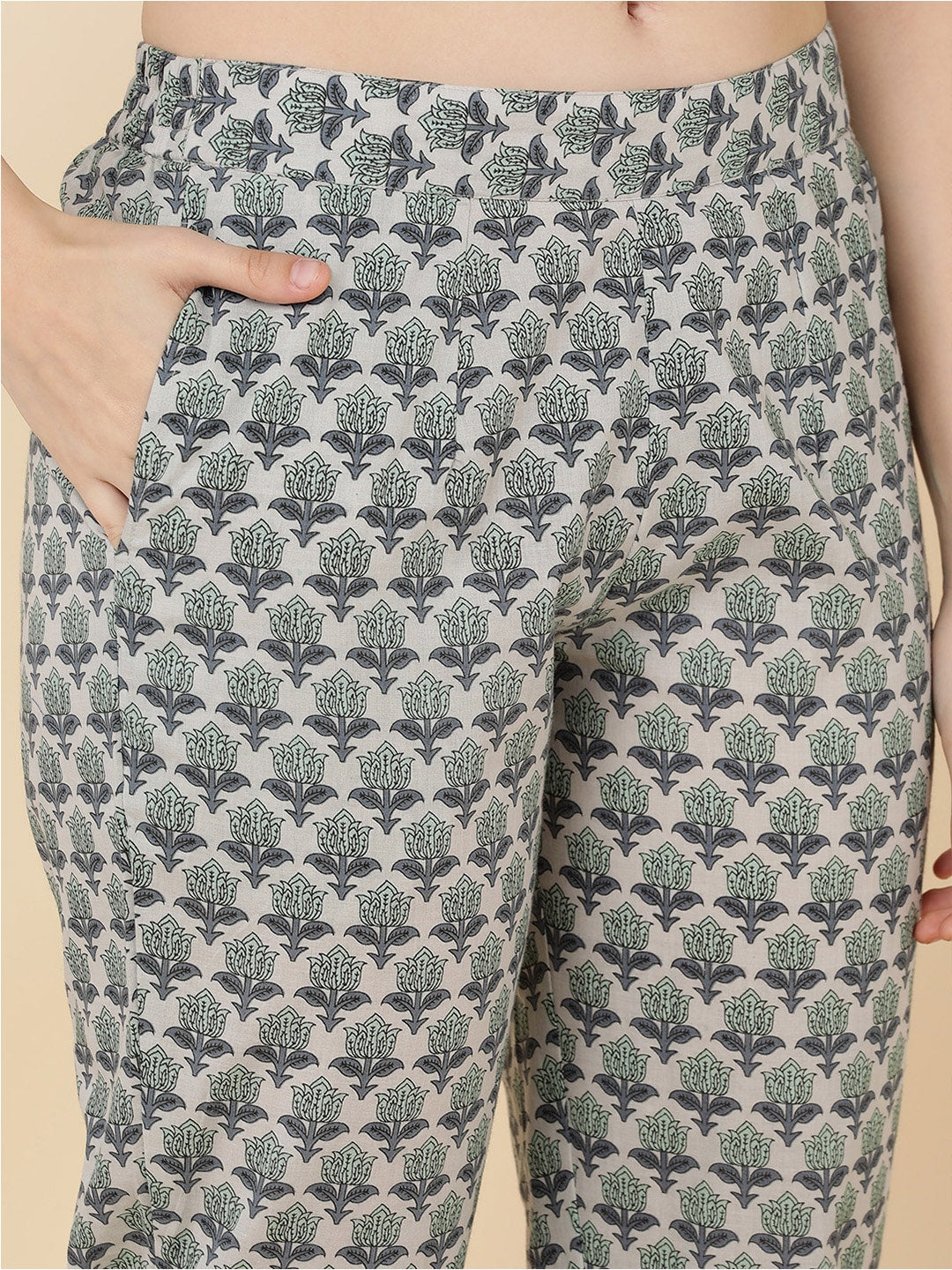 HERE&NOW Women Grey & Olive Green Embroidered Angrakha Kurta with Trousers & With Dupatta